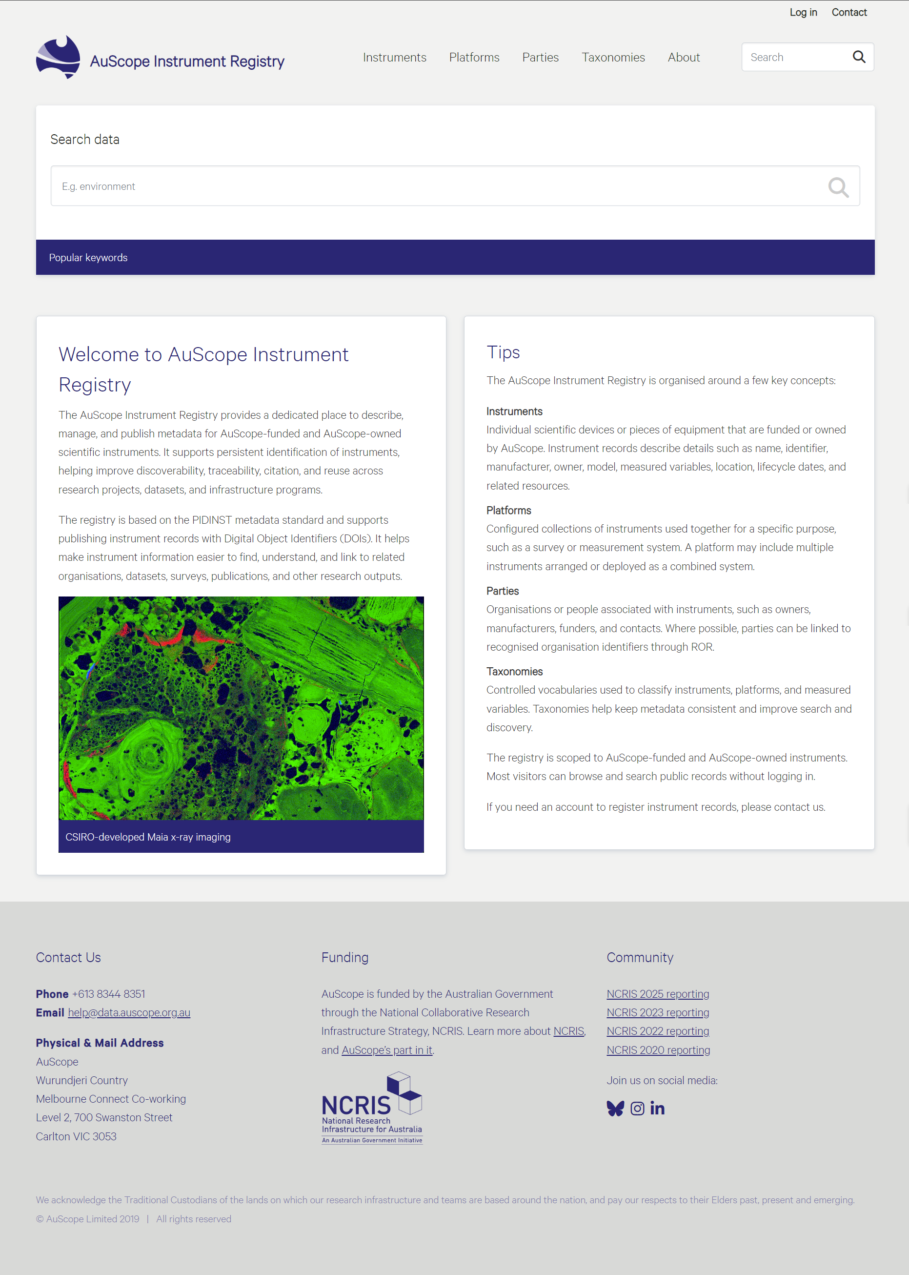 The PIDINST application home page, showing the header navigation, the search bar and promoted catalogue sections.