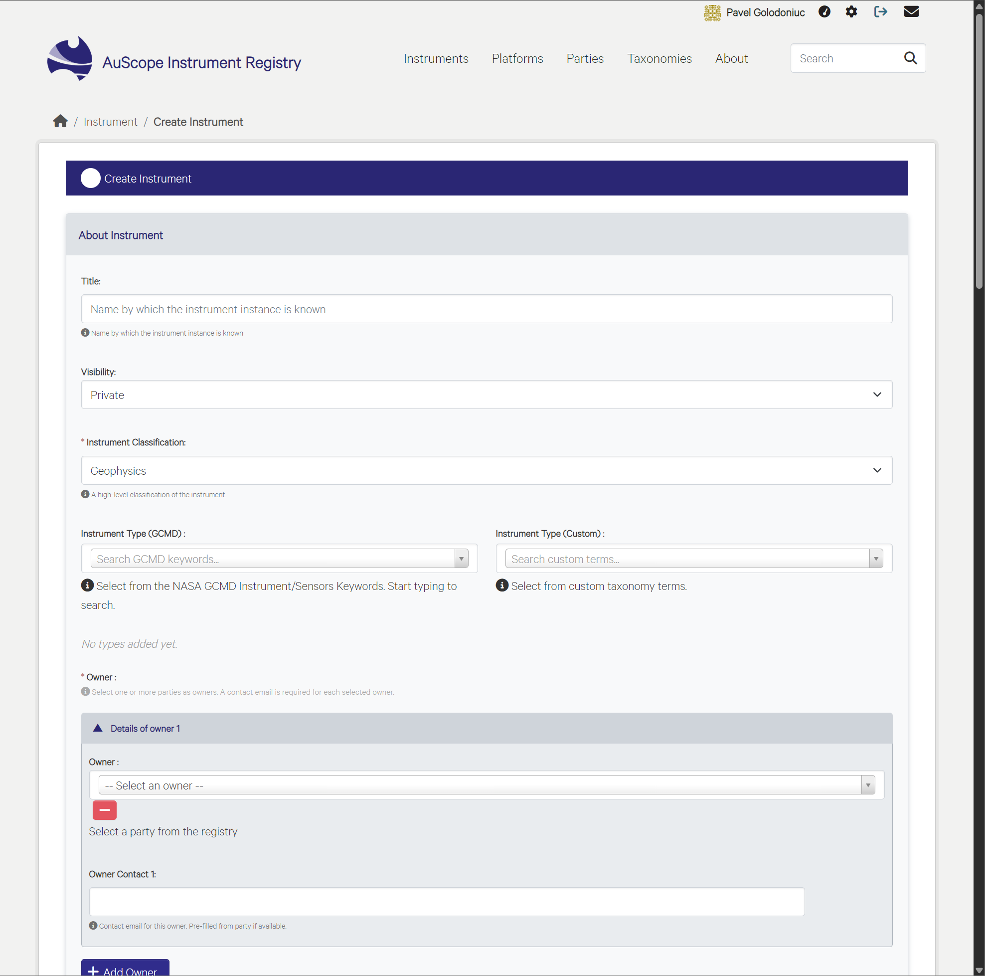 The New Instrument form, showing the grouped metadata cards for core details, owner, manufacturer, dates and related resources.