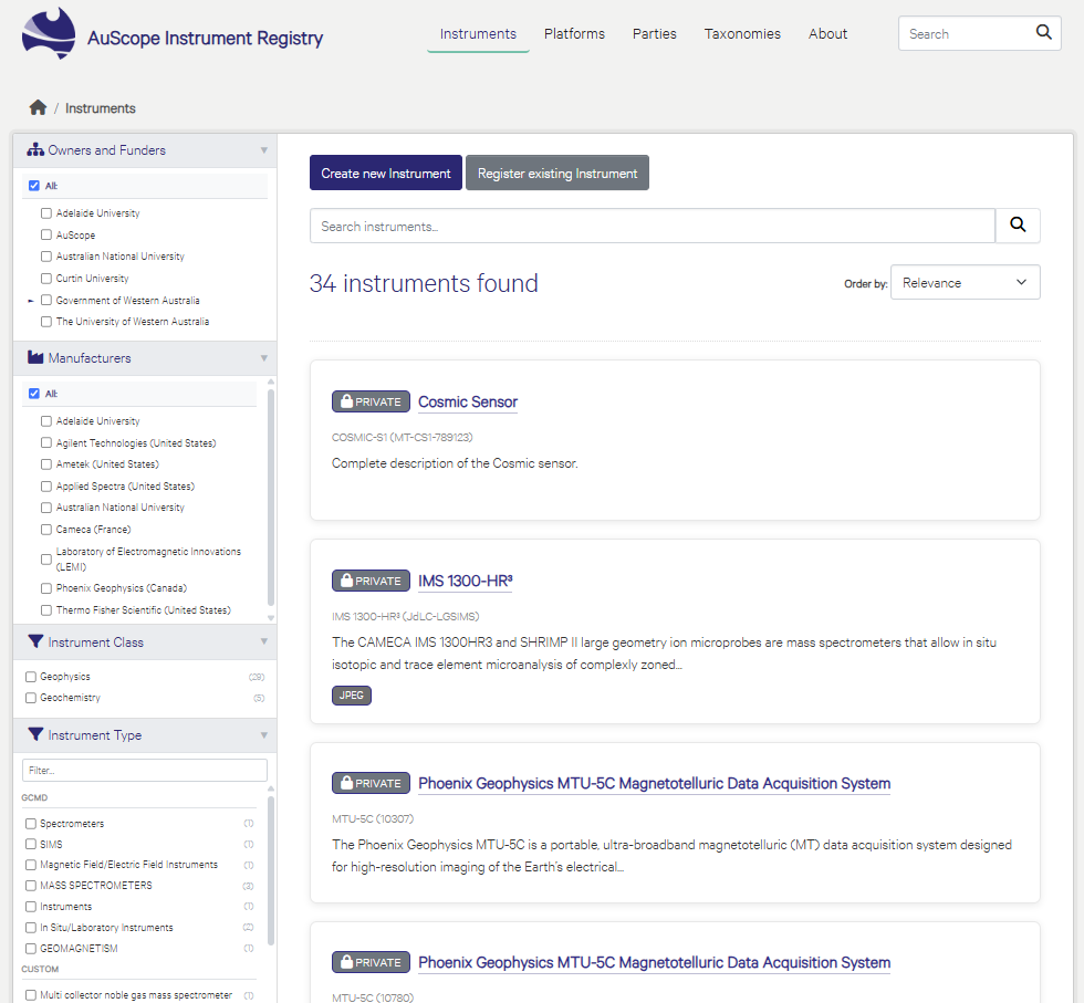 The main Instruments search page, with the keyword search bar, active filter pills, the faceted sidebar and the results list.
