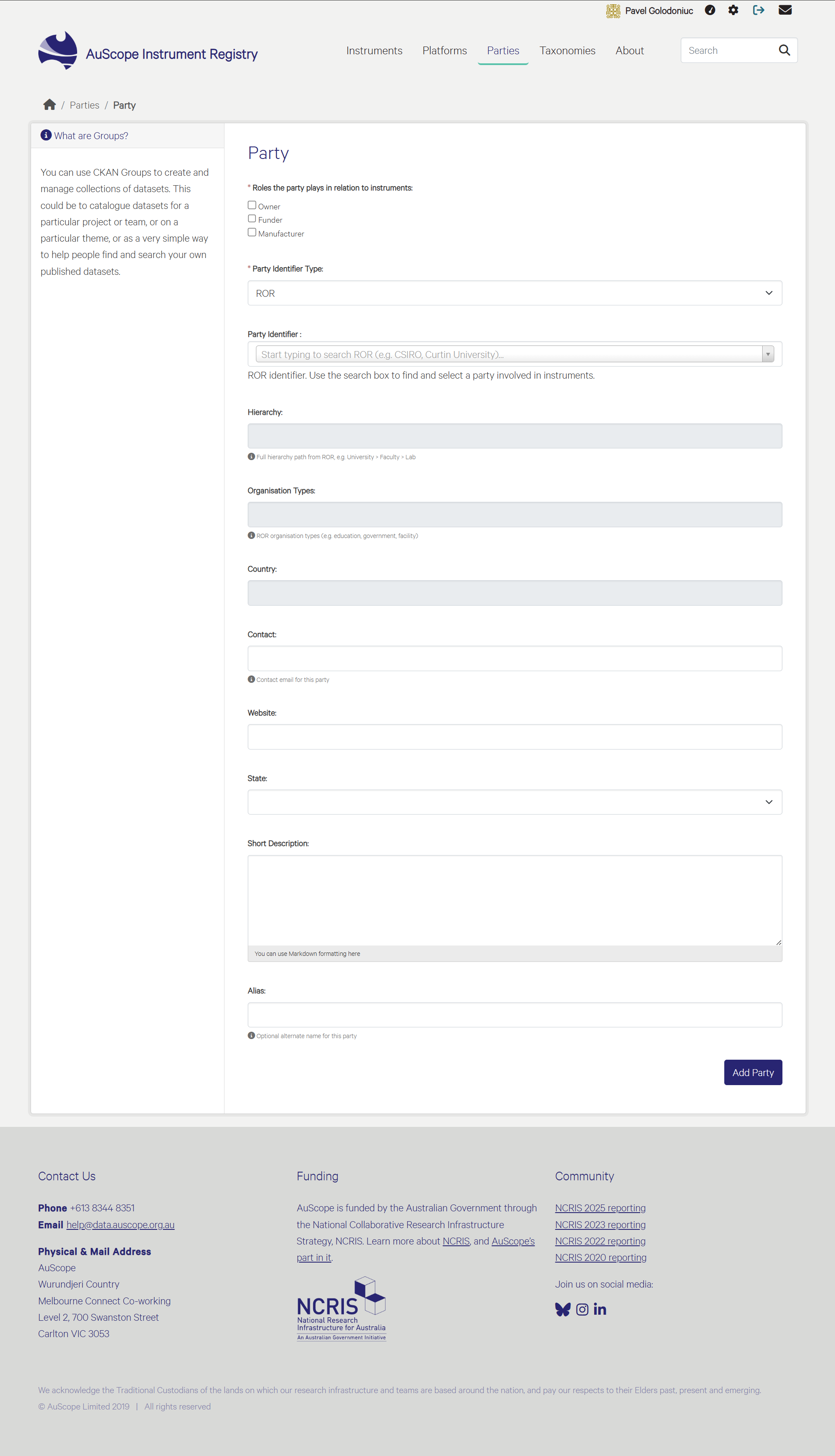 The Party creation and editing form, with fields for name, identifiers, roles, hierarchy, organisation type, location and description.