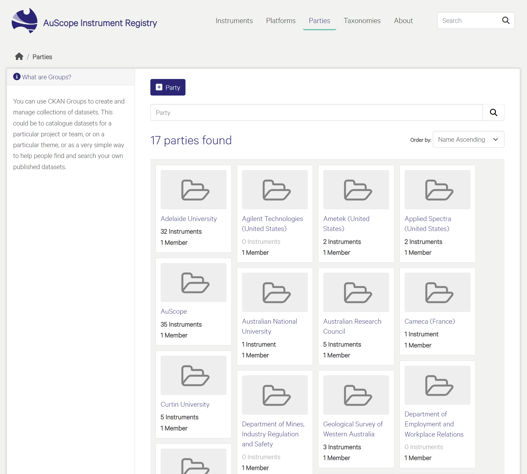 The Parties browsing page, with a single search bar, an Order by dropdown and organisation cards showing instrument and member counts.
