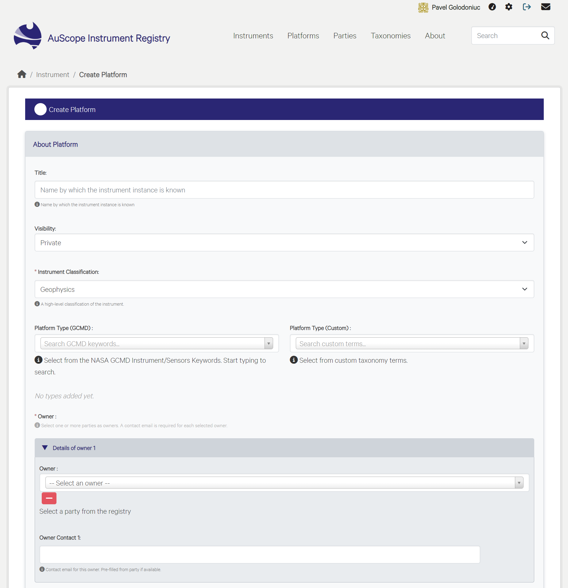 The New Platform form, showing expandable metadata cards for platform details, owner, manufacturer, models, dates and measured variables.