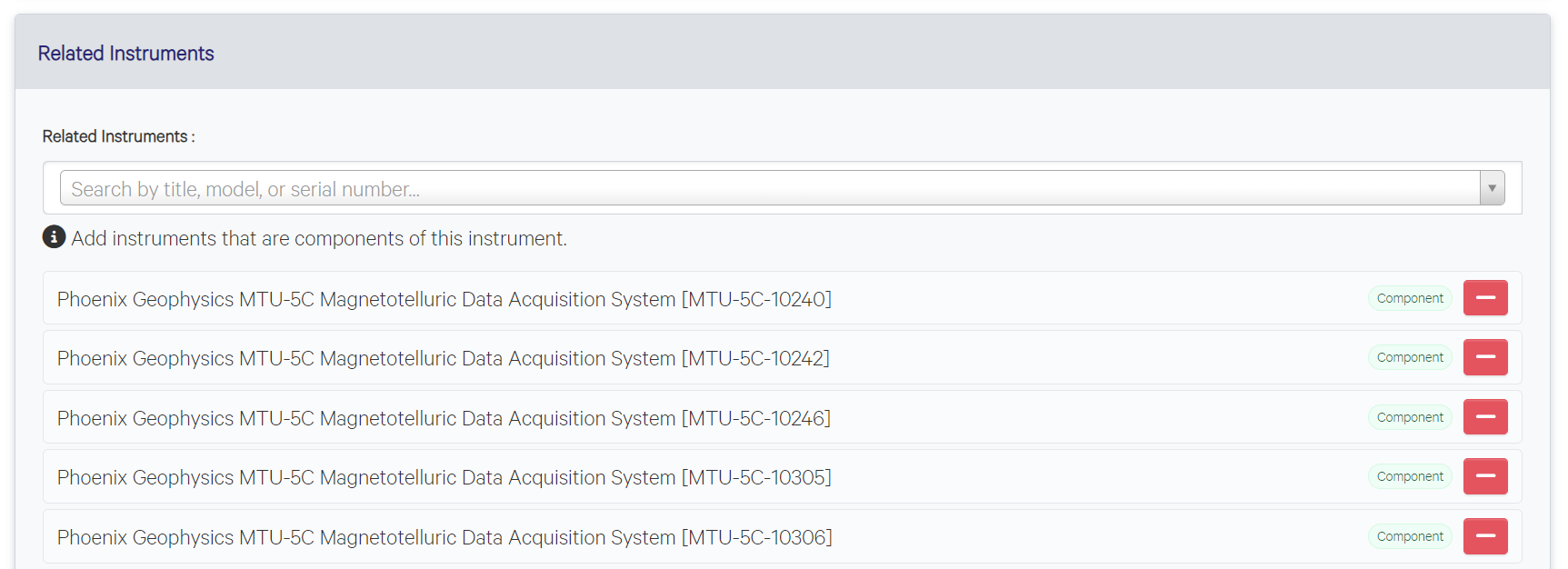 The Related Instruments panel listing the linked instruments that make up a platform, each shown as a component entry.
