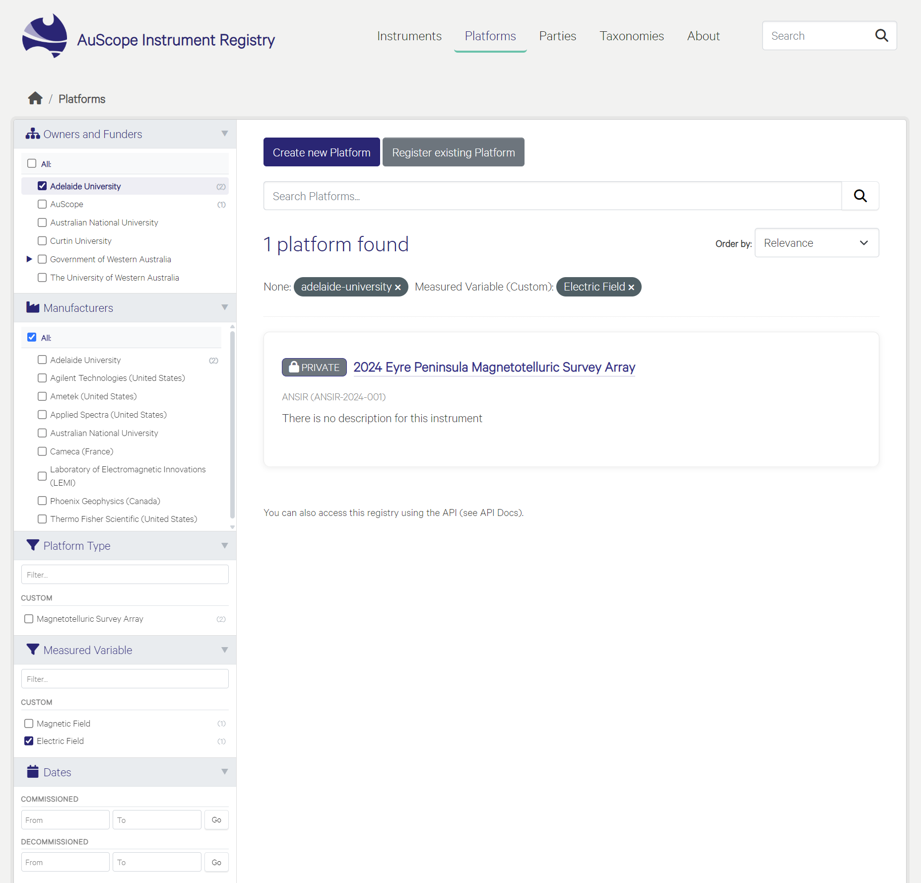 The Platforms search page, with the keyword search bar, the faceted sidebar including date pickers and a map filter, and the results list.