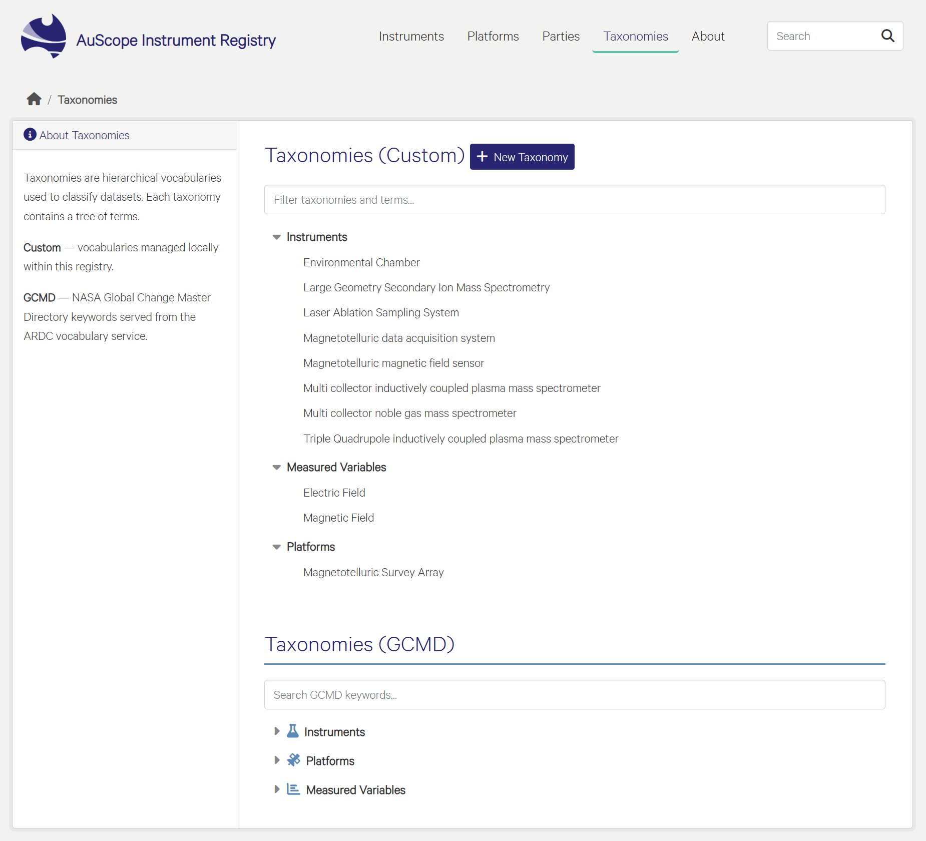The Taxonomies page showing the Custom and GCMD frameworks side by side, each with a search field and a collapsible term tree.