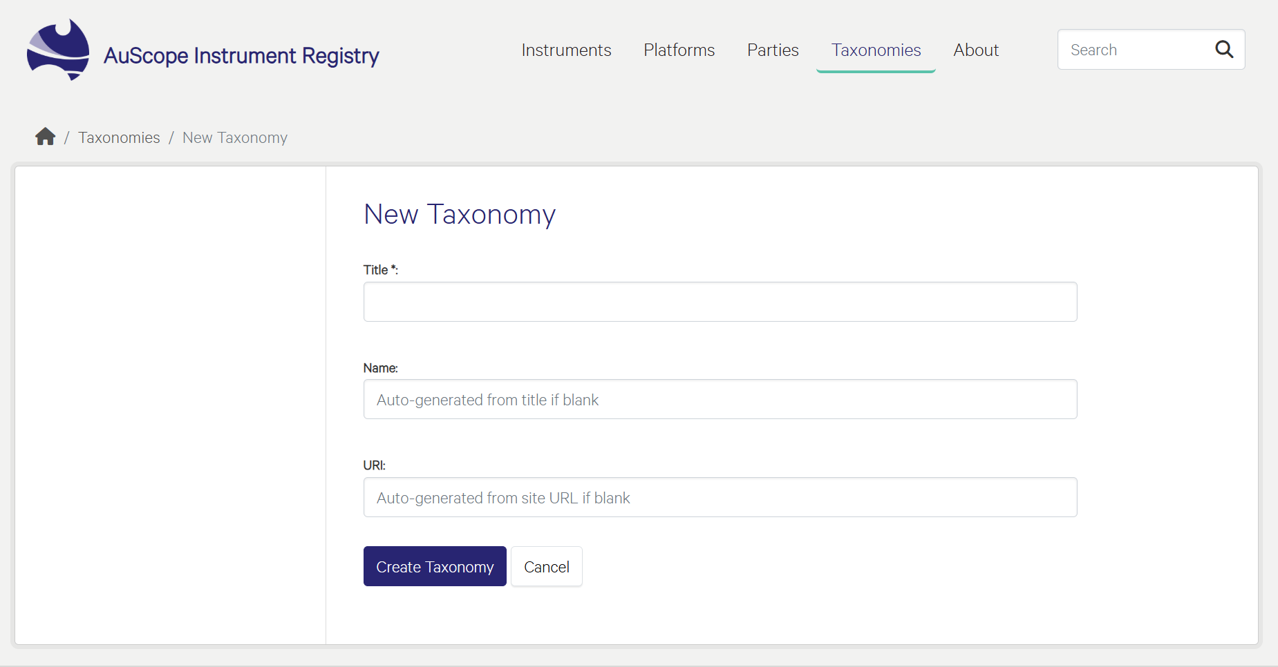 The New Taxonomy form, with fields for title, name and URI.