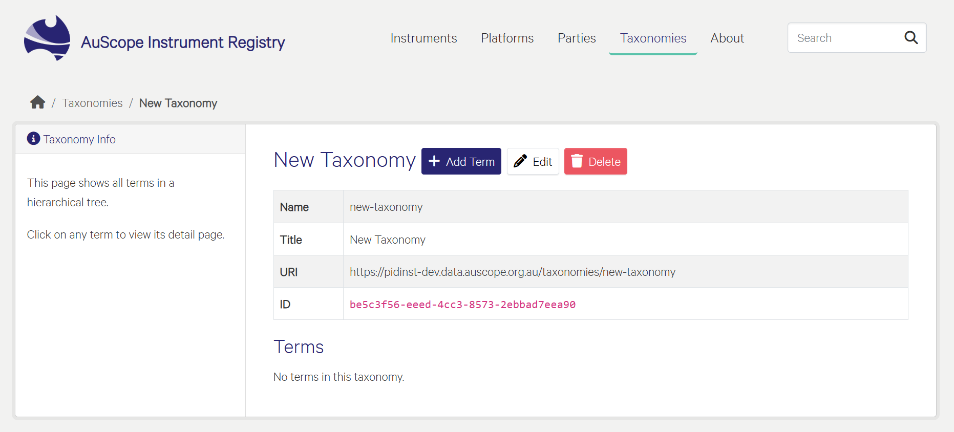 The taxonomy editing form, showing editable title, name and URI fields with Update and Delete actions.