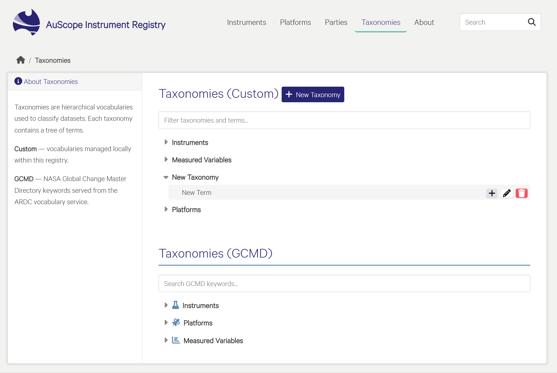 The Taxonomies list showing a newly created taxonomy with inline buttons to add a term, edit and delete.