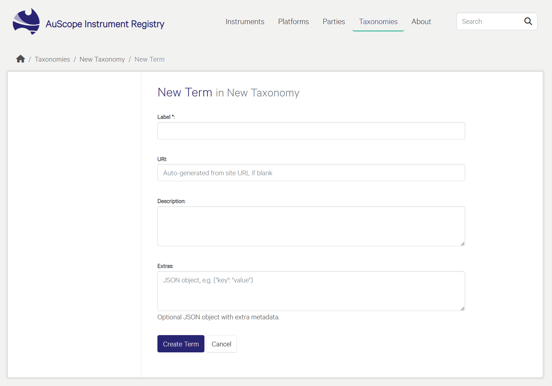 The New Taxonomy Term form, with fields for label, description, URI and a JSON extras block.