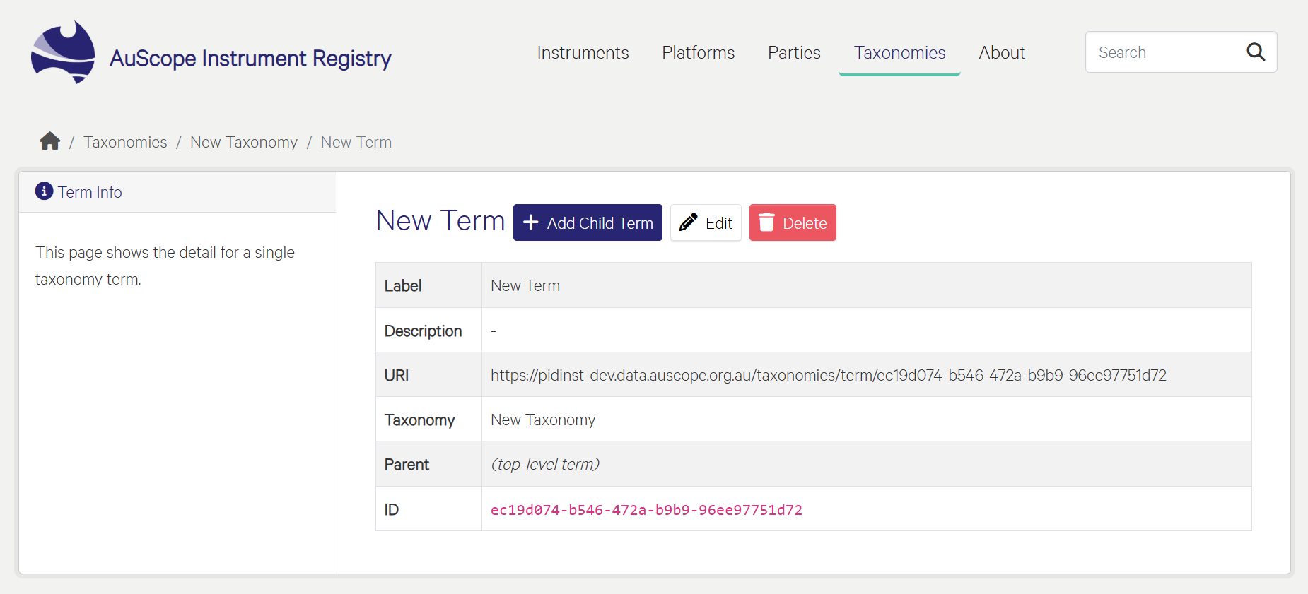 The taxonomy term editing form, showing the label, description, parent term and extras fields.
